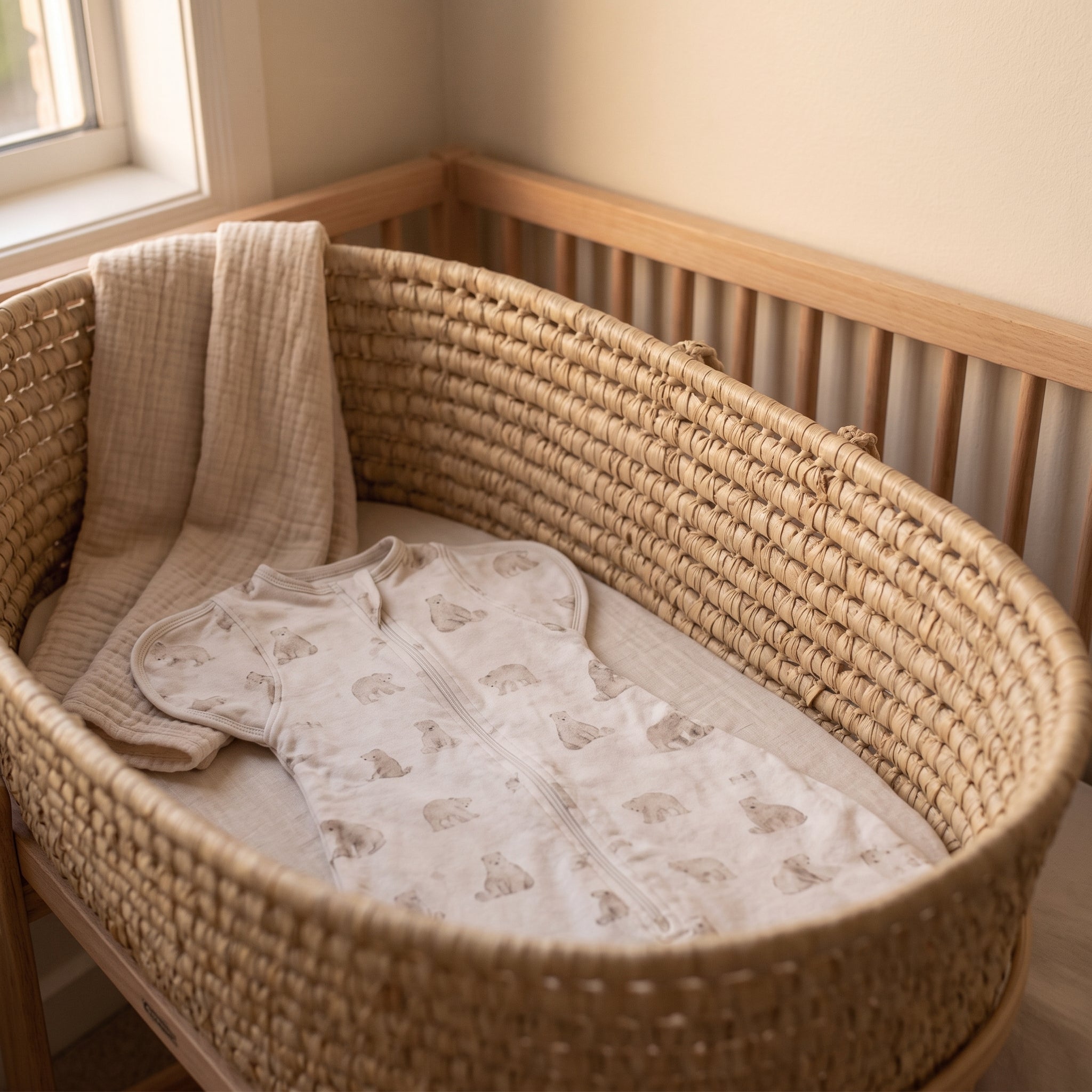 Bamburry Hands-Up Swaddle Pod in a soft nursery setting for newborn sleep guide