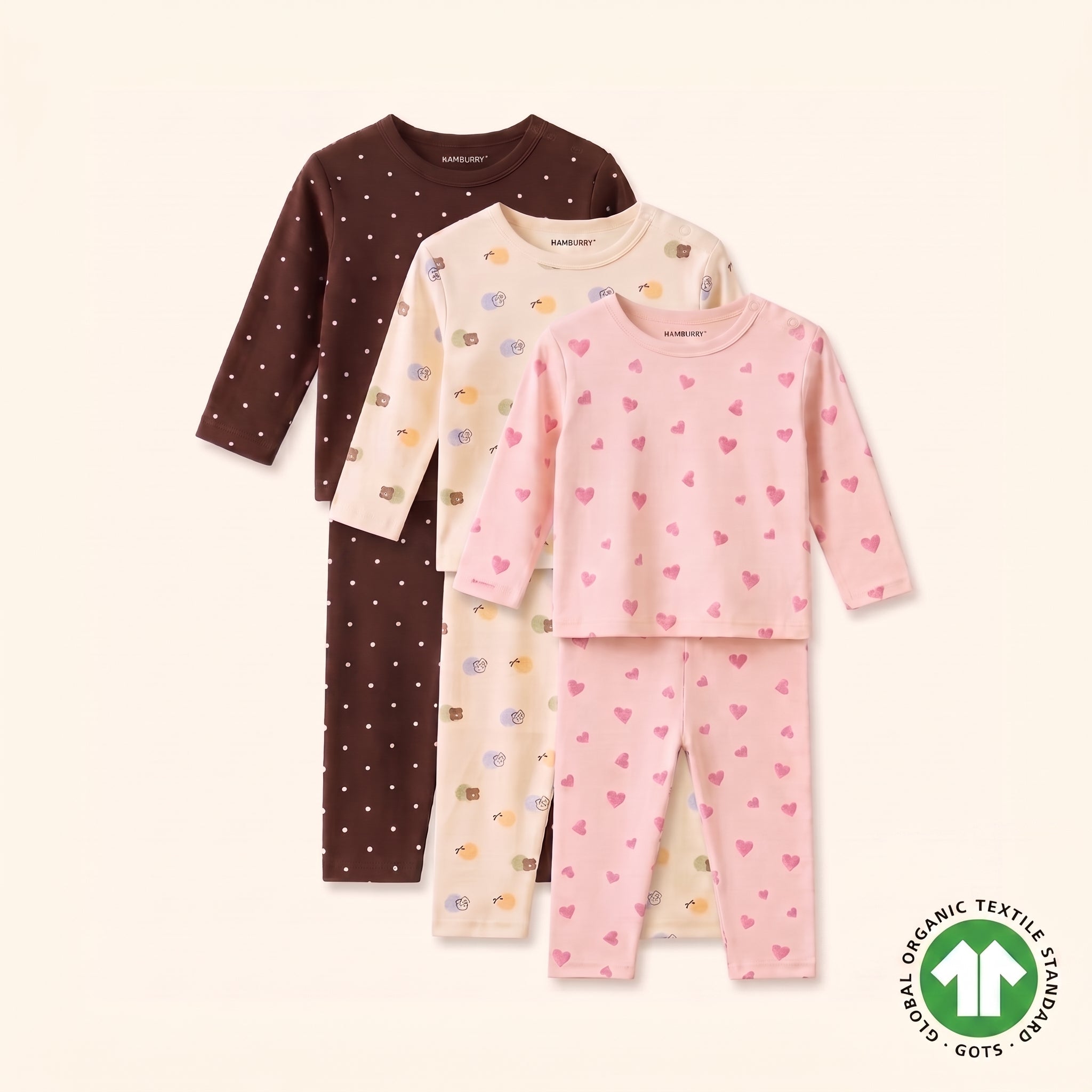 Pack of 3 Cosy Cub, Sweetheart & Cocoa Dot Organic Cotton 6-Piece Payjama Set