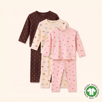 Pack of 3 Cosy Cub, Sweetheart & Cocoa Dot Organic Cotton 6-Piece Payjama Set